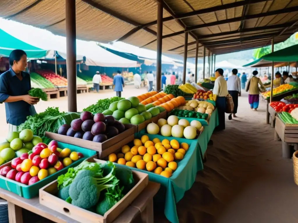 Un bullicioso mercado en Asia con una amplia variedad de frutas y verduras orgánicas, vendedores y clientes vistiendo ropa tradicional