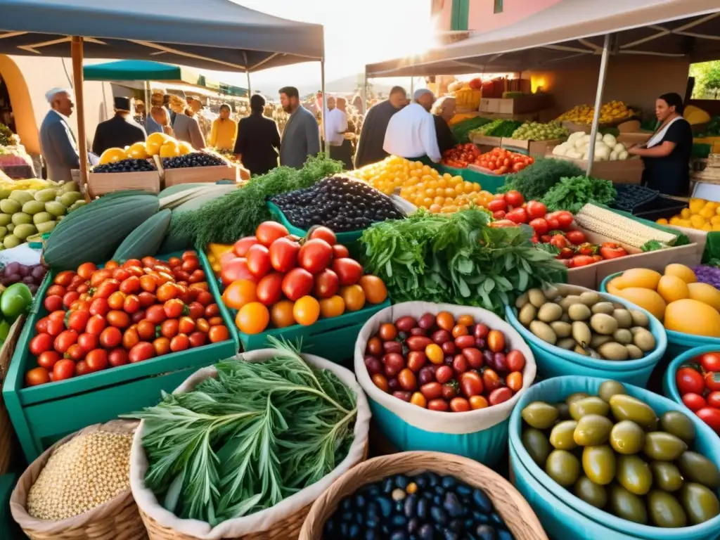 Un bullicioso mercado mediterráneo rebosante de productos orgánicos frescos, evocando la vitalidad de la cocina mediterránea