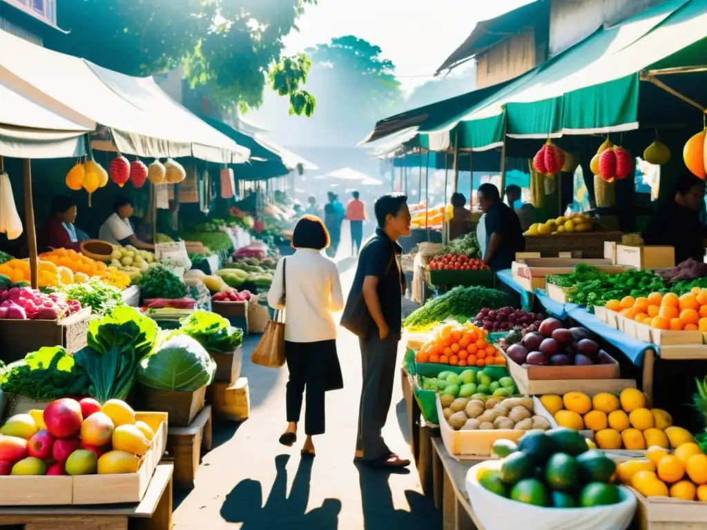 Un bullicioso mercado orgánico en Asia, con puestos coloridos mostrando frutas, verduras y hierbas frescas bajo la cálida luz del sol