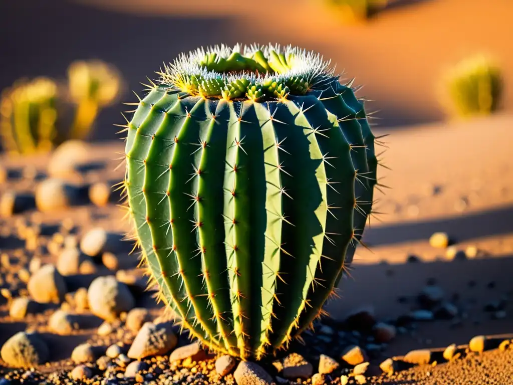 Un cactus verde resplandece bajo la luz dorada del sol poniente en el árido desierto