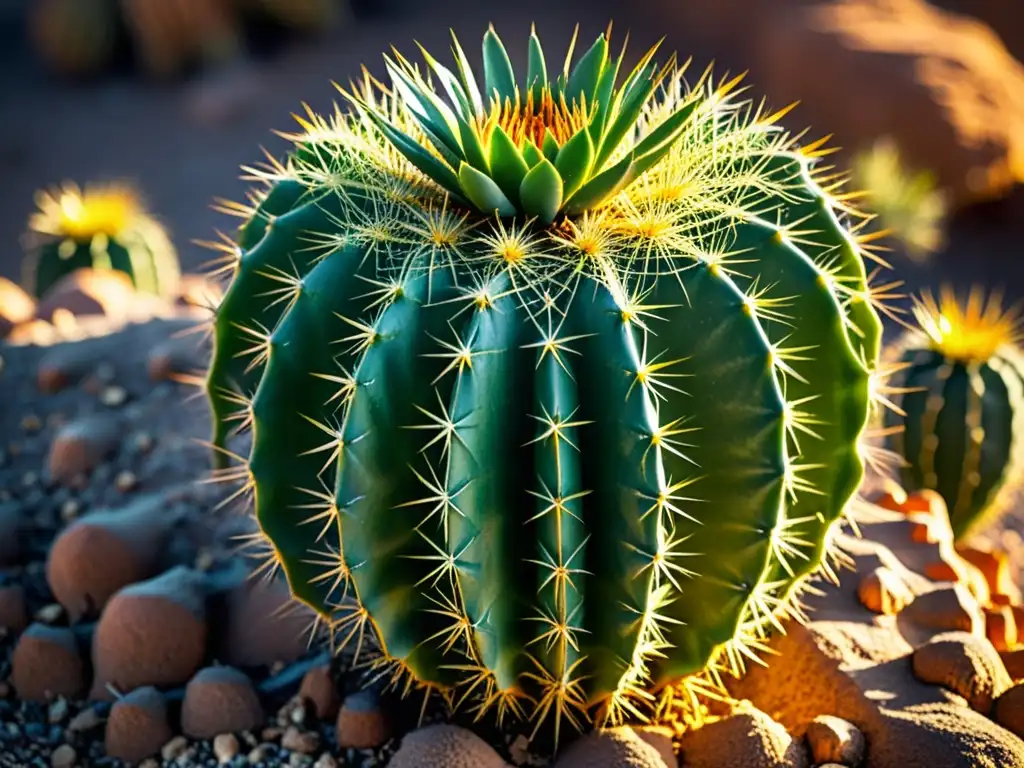 Un cactus vibrante y detallado resalta en un entorno árido