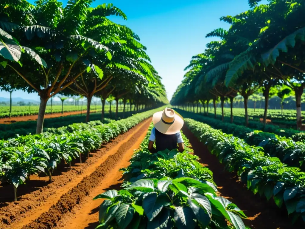 Un cafetal exuberante y armonioso bajo el cielo azul, donde un agricultor cuida con esmero los cafetales orgánicos