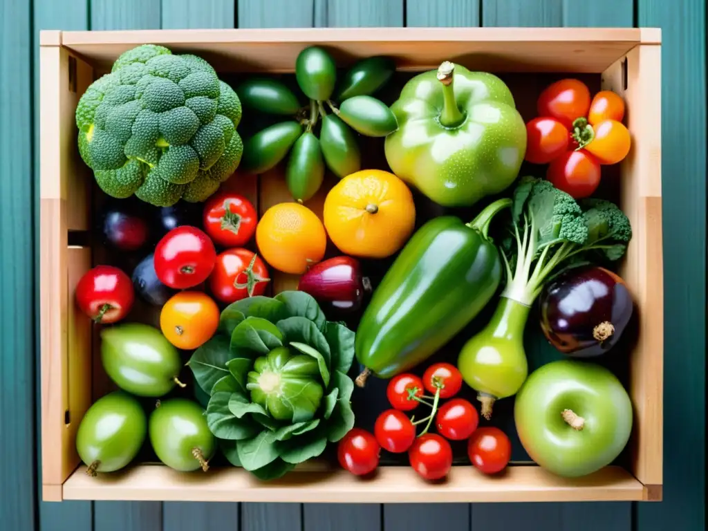 Una caja de madera llena de frutas y verduras orgánicas frescas y coloridas, ideal para niños con alergias alimentarias