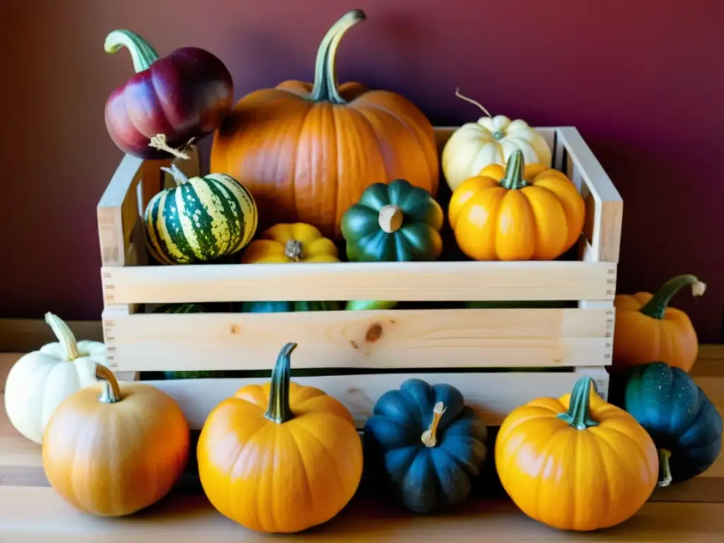 Una caja de madera llena de vibrantes calabazas, coloridas calabazas, manzanas crujientes y verduras de raíz terrosas