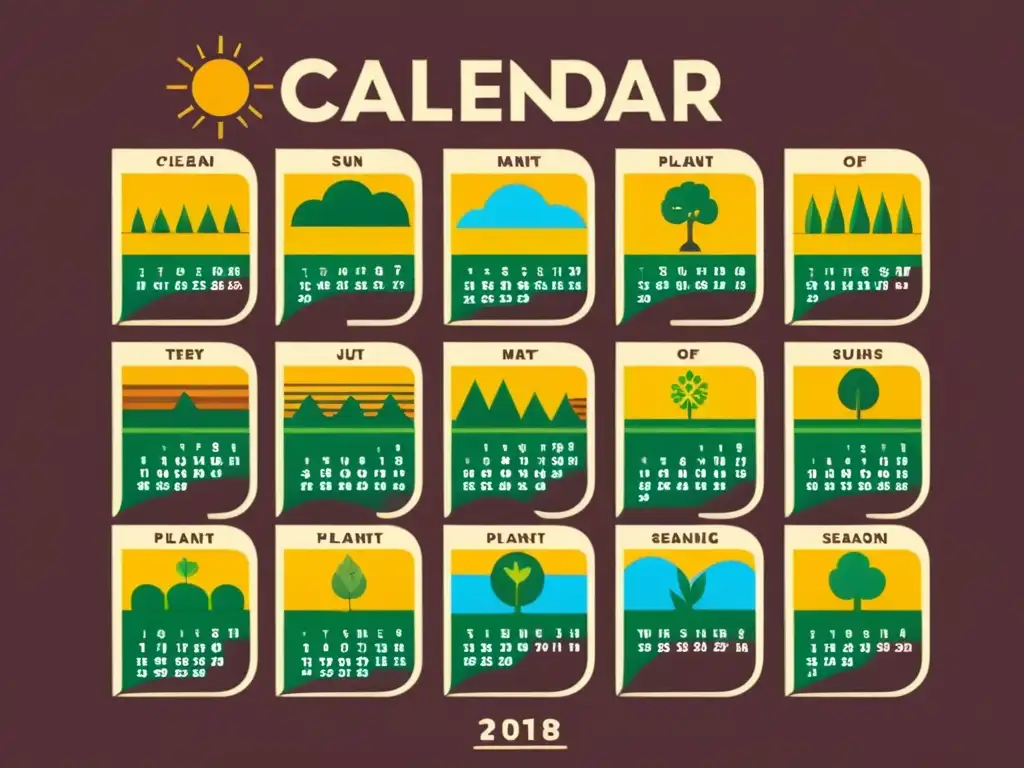 Calendario ilustrado con ciclos de cultivos orgánicos en tonos vibrantes y terrosos