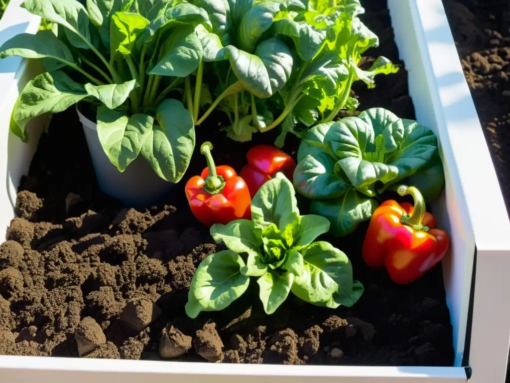 Una cama de cultivo orgánico con lechugas verdes, tomates rojos y pimientos coloridos