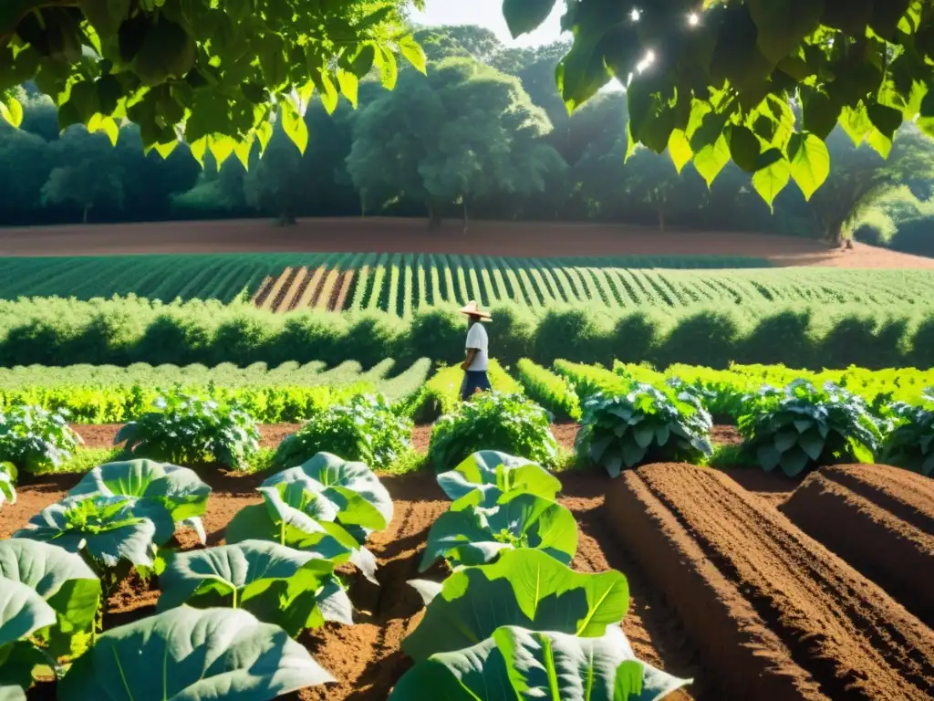 Un campo de agroforestería bañado por el sol con cultivos orgánicos y árboles altos