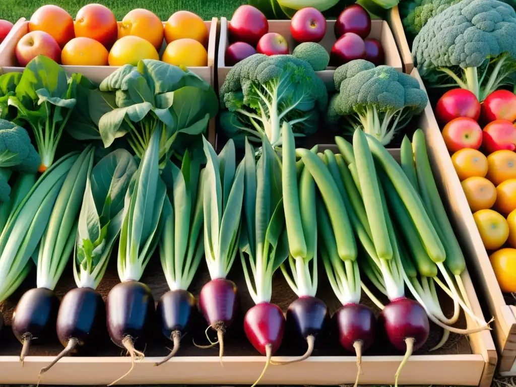 Campo de alimentos orgánicos bañados por la luz del amanecer, irradiando vitalidad y energía