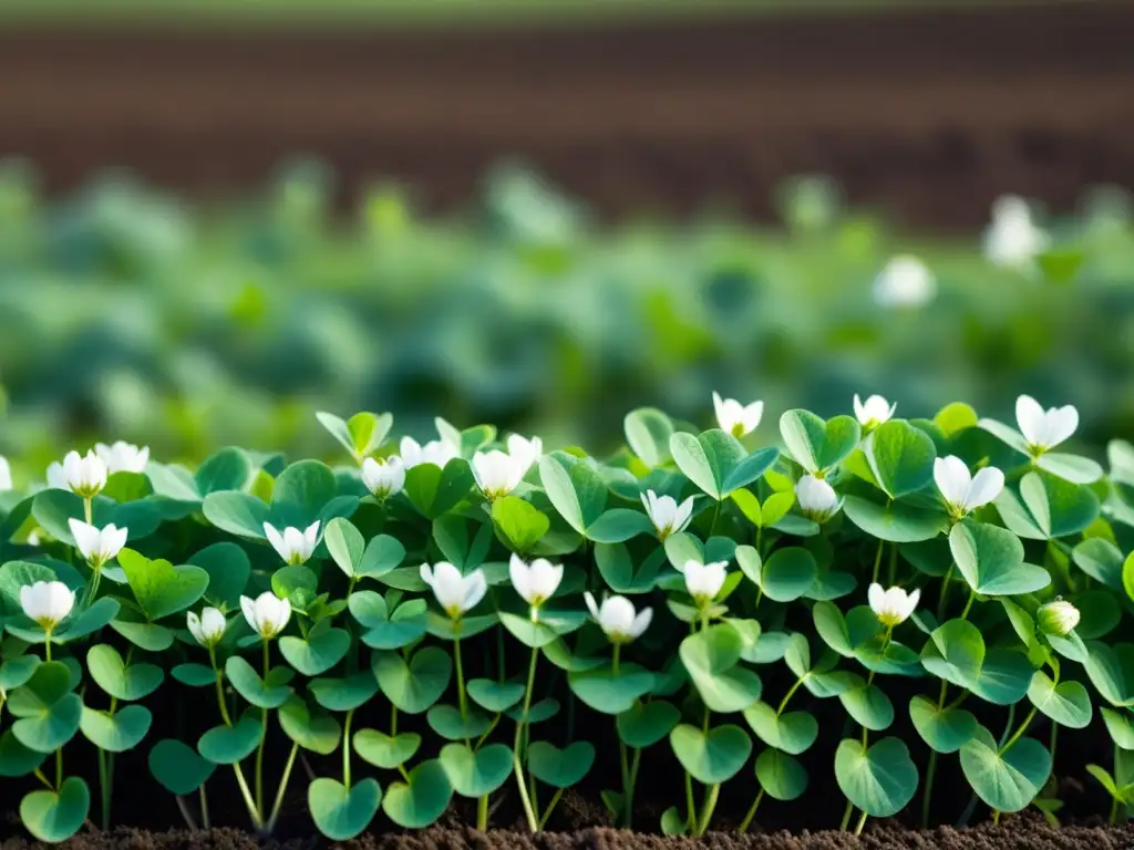 Un campo recién arado cubierto de tréboles verdes vibrantes, evocando los beneficios del barbecho verde orgánico