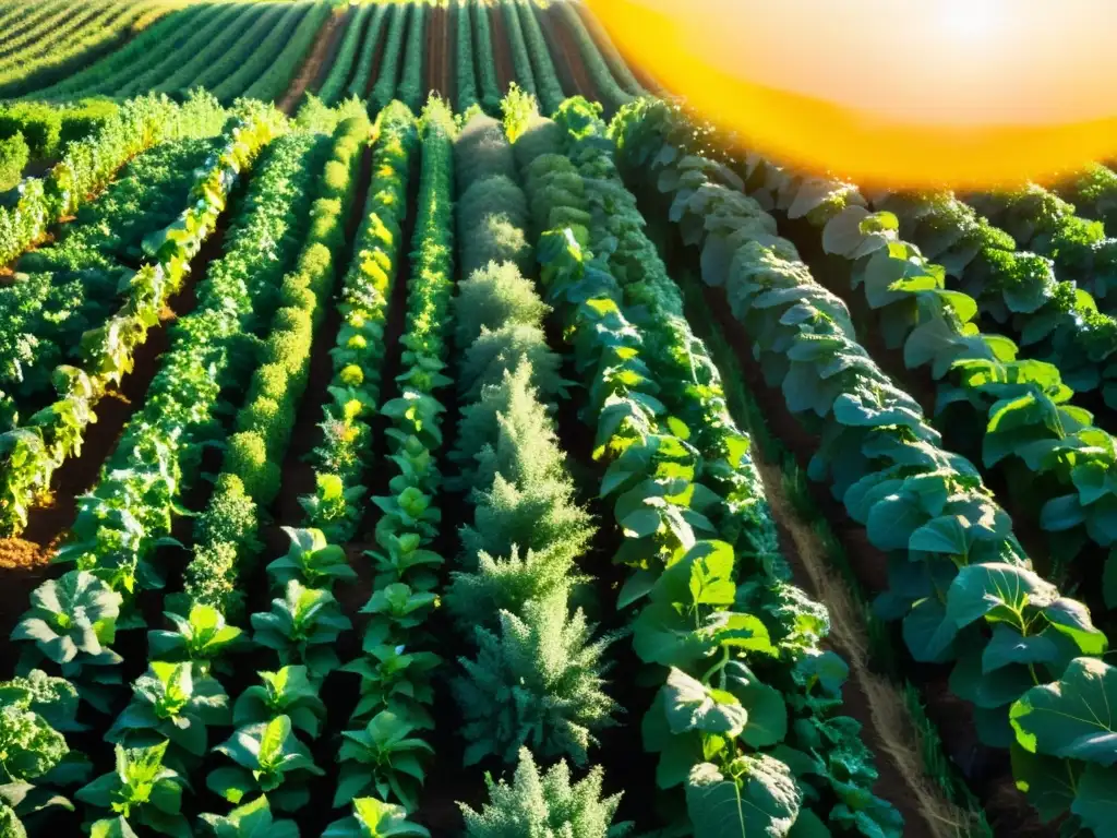 Un campo bañado por el sol con cultivos orgánicos exuberantes y abundantes, reflejando las mejores prácticas postcosecha alimentos orgánicos