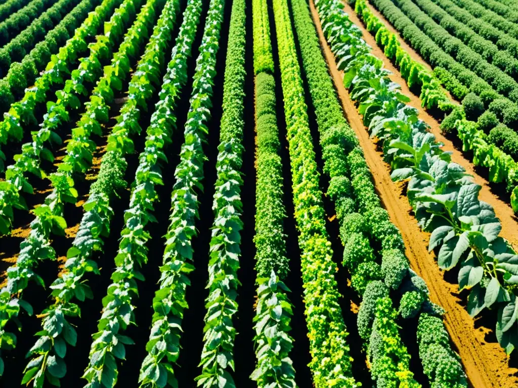 Un campo bañado por el sol con cultivos orgánicos en perfecta simetría