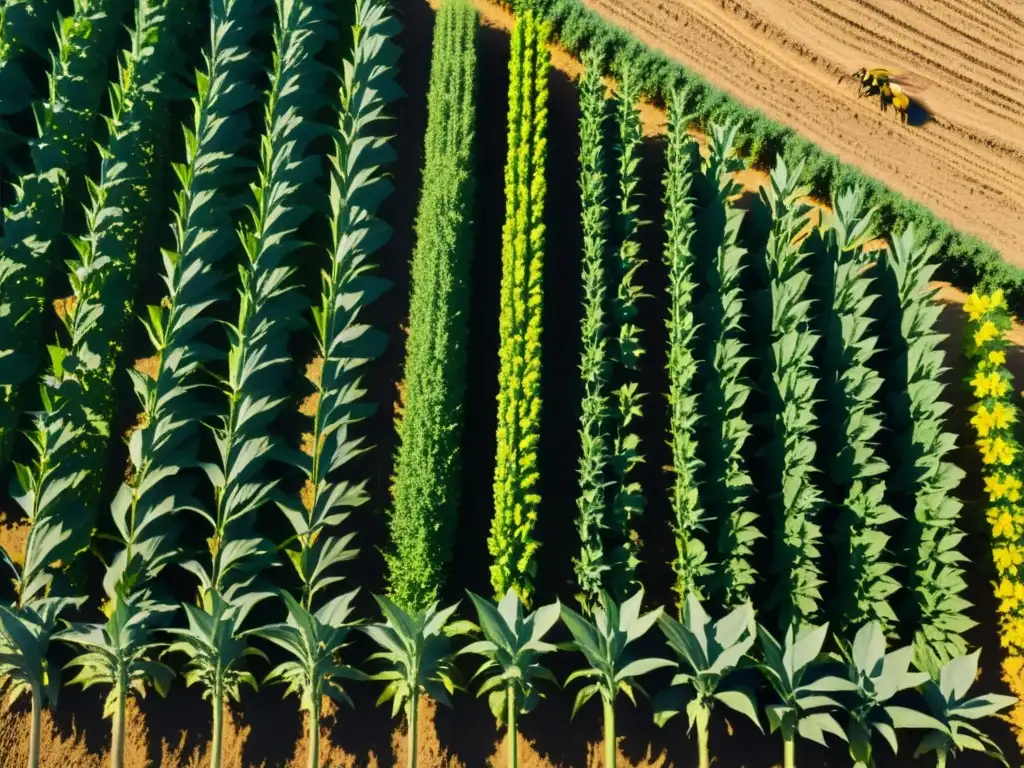 Un campo bañado por el sol con hileras de maíz verde vibrante y tomates entretejidos