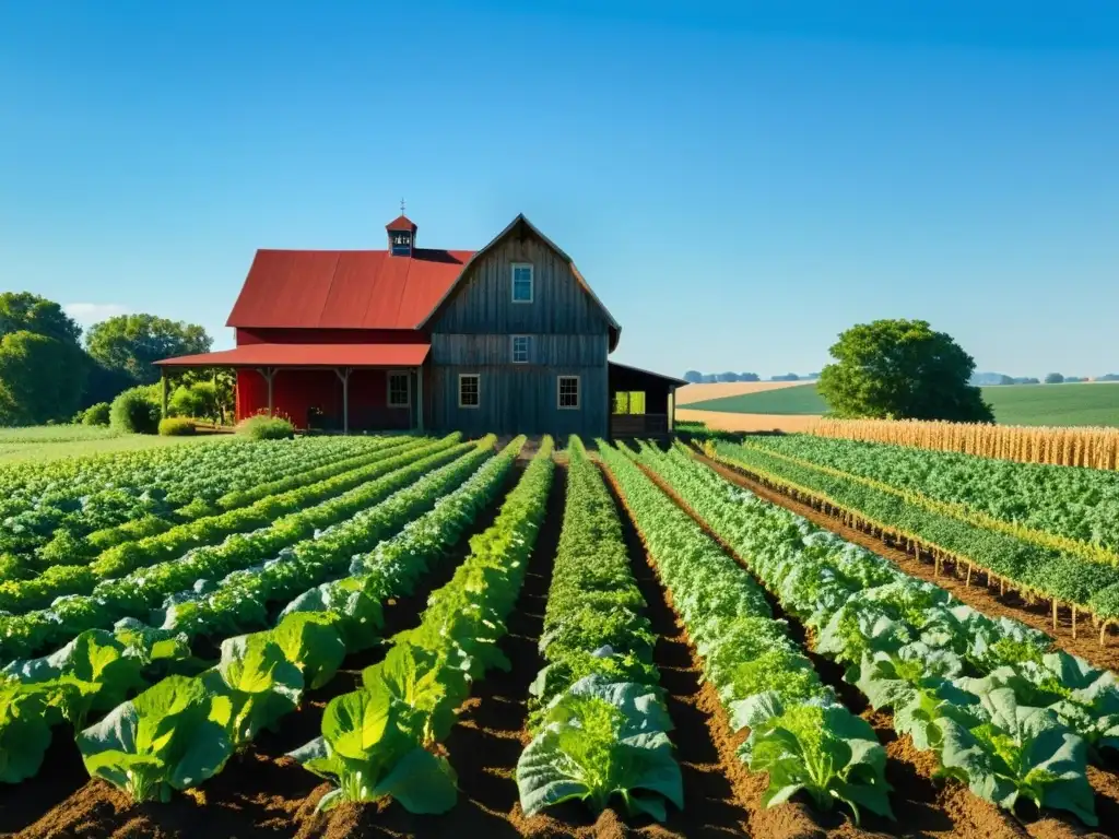 Un campo bañado por el sol repleto de cultivos, como lechugas, maíz, tomates y calabazas, formando un mosaico de colores y texturas