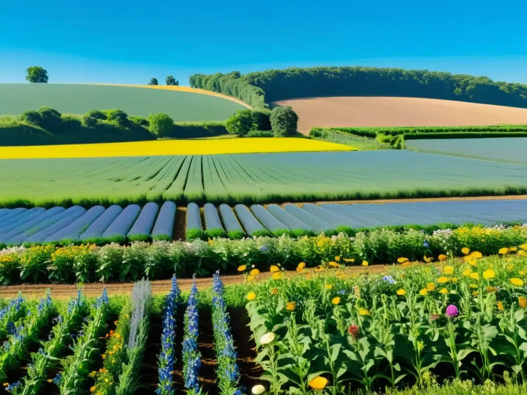 Un campo biodinámico exuberante y sereno con cultivos y flores silvestres coloridas bajo un cielo azul