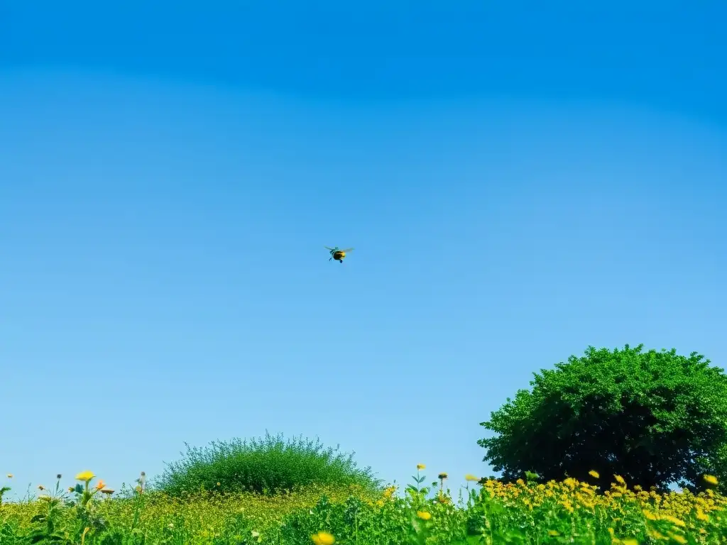 Campo biodiverso con cultivos vibrantes bajo cielo azul