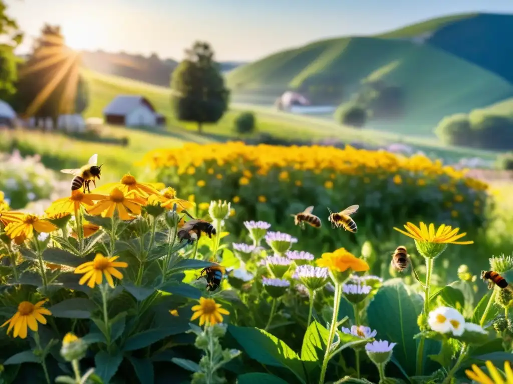 Un campo colorido con flores silvestres, abejas y mariposas, donde la comunidad trabaja en armonía