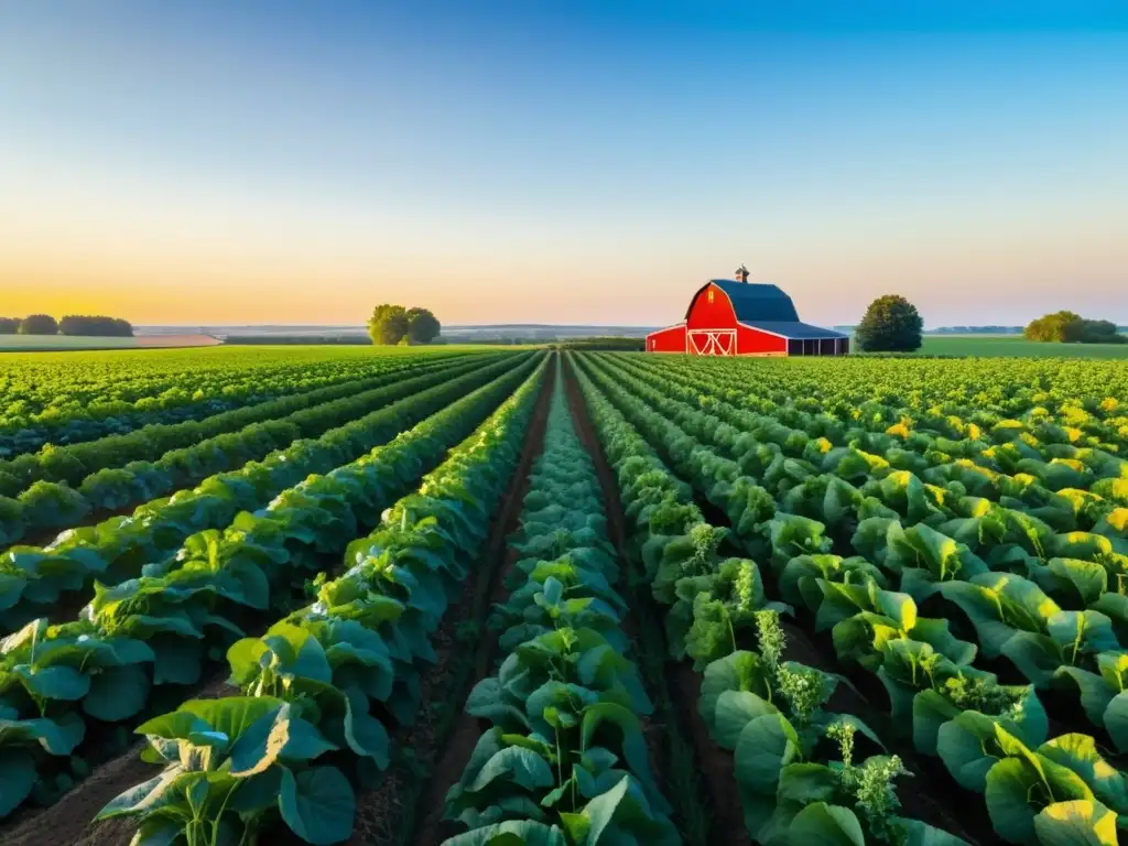 Campo de cultivo biodinámico con hileras de cosechas saludables y coloridas bajo cielo azul