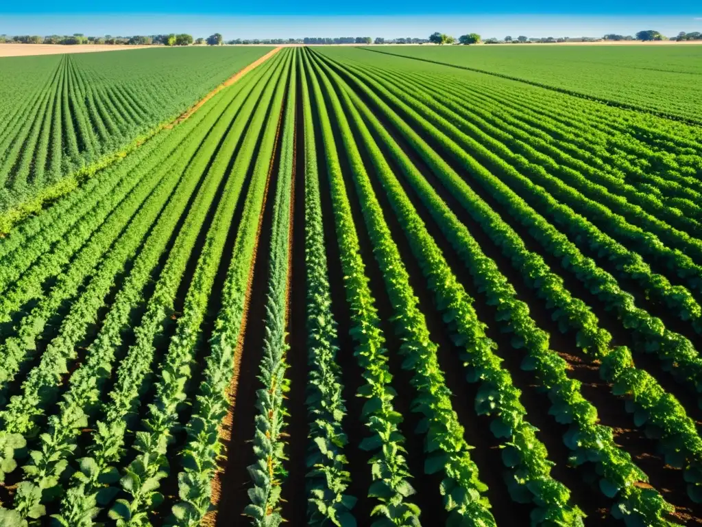 Campo de cultivo ecológico con riego optimizado y exuberante vegetación bajo el sol