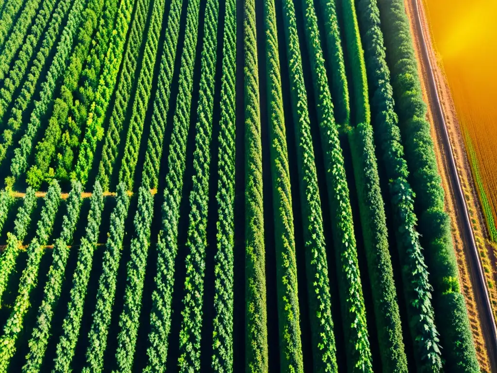 Campo de cultivo orgánico exuberante y vibrante bajo el sol dorado, reflejando armonía y sostenibilidad