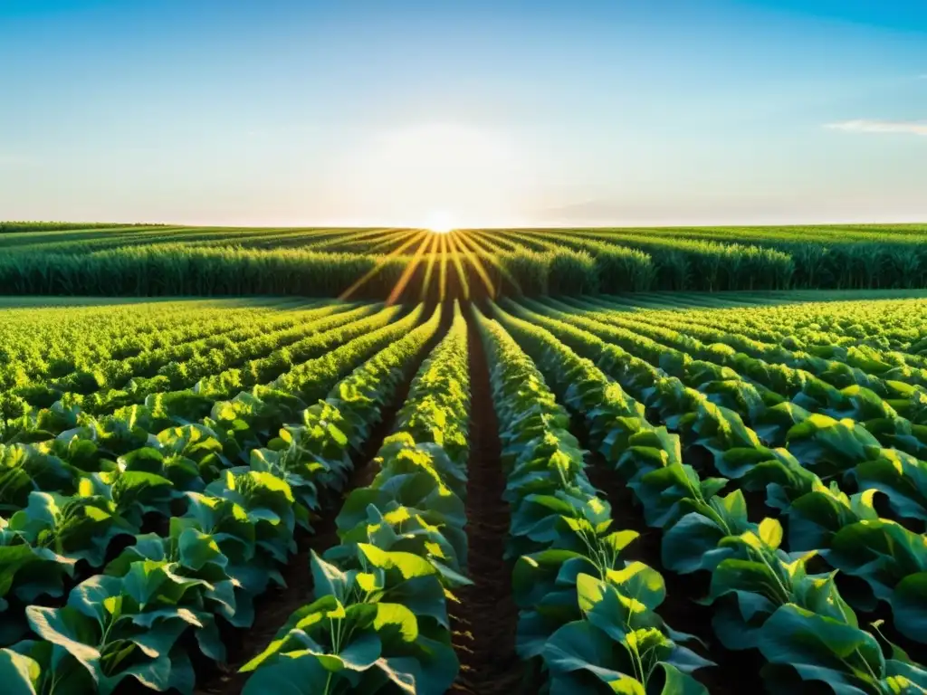 Un campo de cultivo orgánico se extiende con filas de cultivos