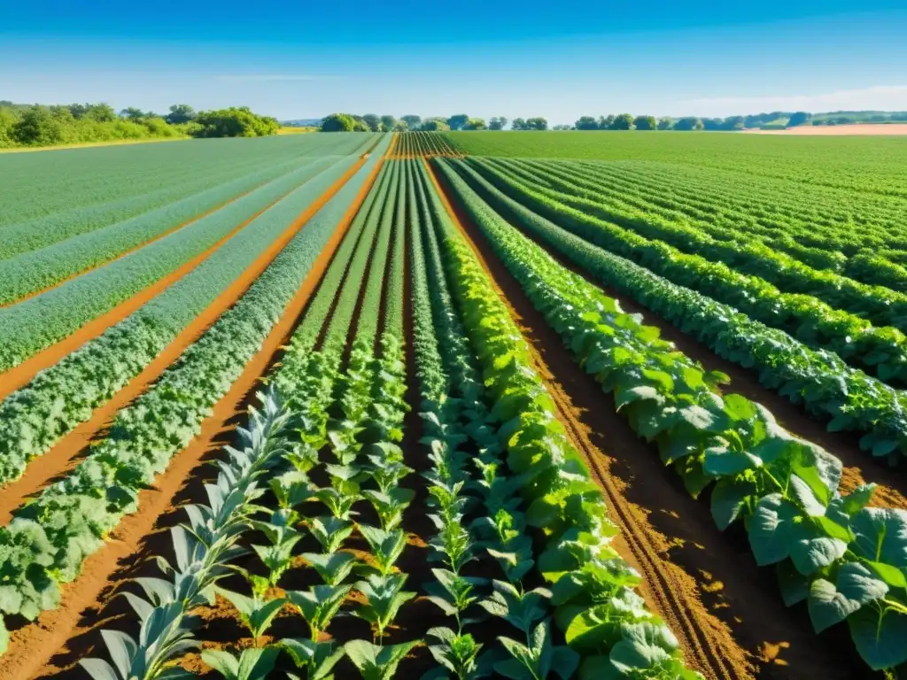 Campo de cultivo orgánico, filas de cosechas saludables bajo el sol