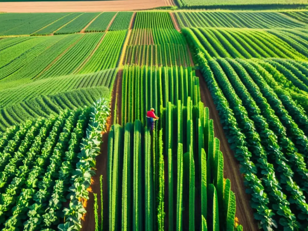 Un campo de cultivo orgánico con hileras de plantas verdes resplandecientes bajo el cálido sol, donde un agricultor cuida meticulosamente las plantas