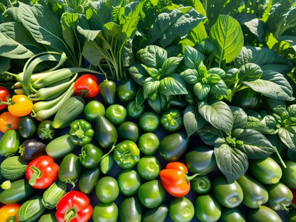 Un campo de cultivo orgánico rebosa de frutas y verduras frescas, bañado por la luz del sol