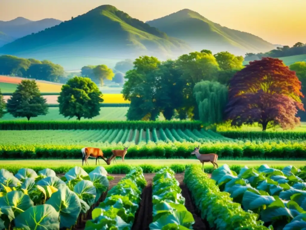 Campo de cultivo orgánico con vegetales y frutas, ciervos pacíficos entre las cosechas