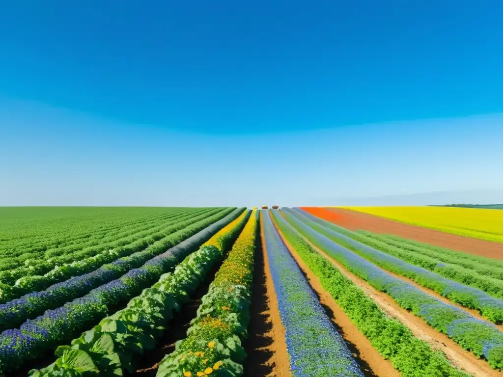 Campo de cultivo orgánico verde y exuberante, con personas trabajando y abejas zumbando alrededor de flores silvestres coloridas bajo un cielo azul