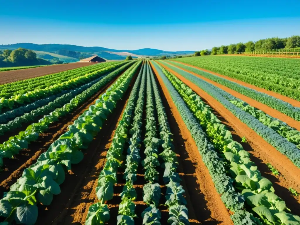 Un campo de cultivo orgánico vibrante y exuberante bajo el cielo azul