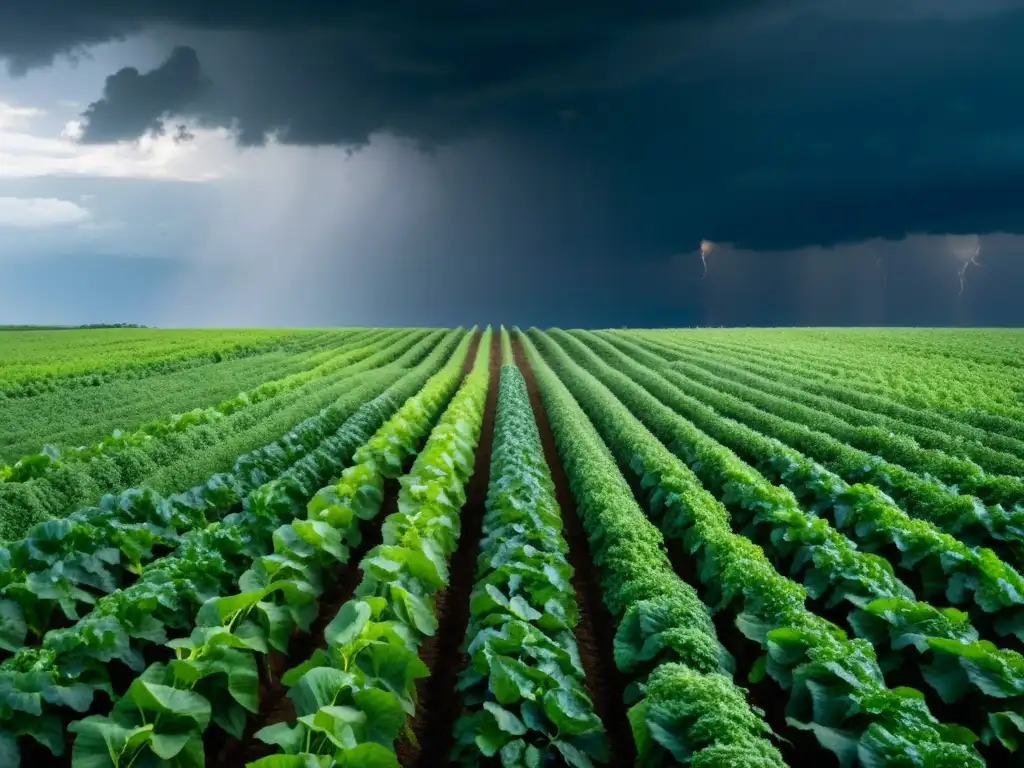 Campo de cultivo orgánico en zona tormentosa, muestra la fortaleza de las técnicas de cultivo orgánico en entornos desafiantes