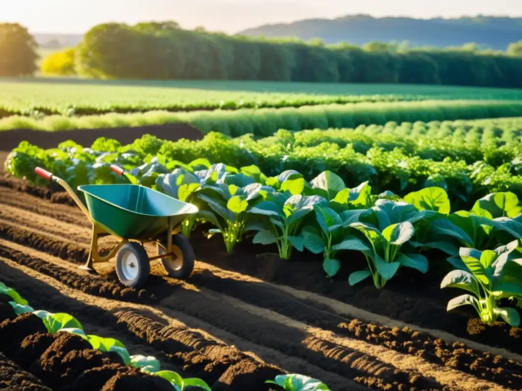 Un campo de cultivo verde exuberante con hileras de plantas saludables que se extienden en la distancia