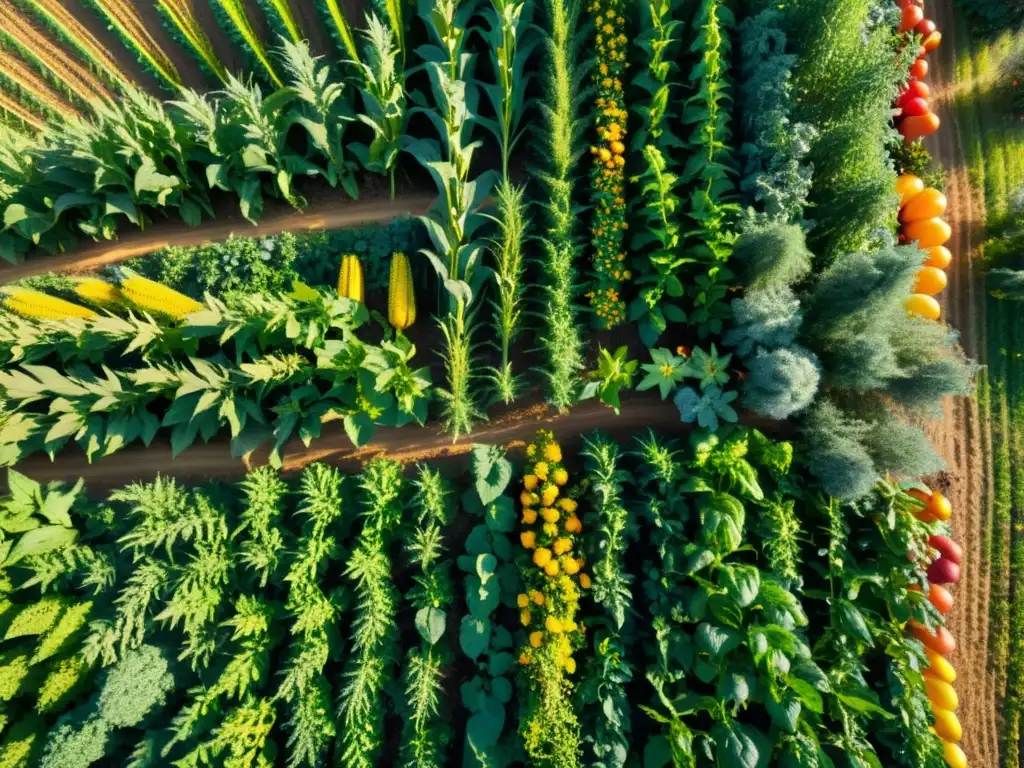 Un campo de cultivos ancestrales orgánicos, biodiverso y exuberante, bañado por la cálida luz del sol