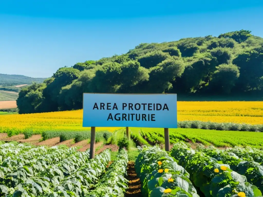 Campo de cultivos orgánicos y áreas protegidas: un paisaje sereno con flores vibrantes, abejas y un letrero elegante