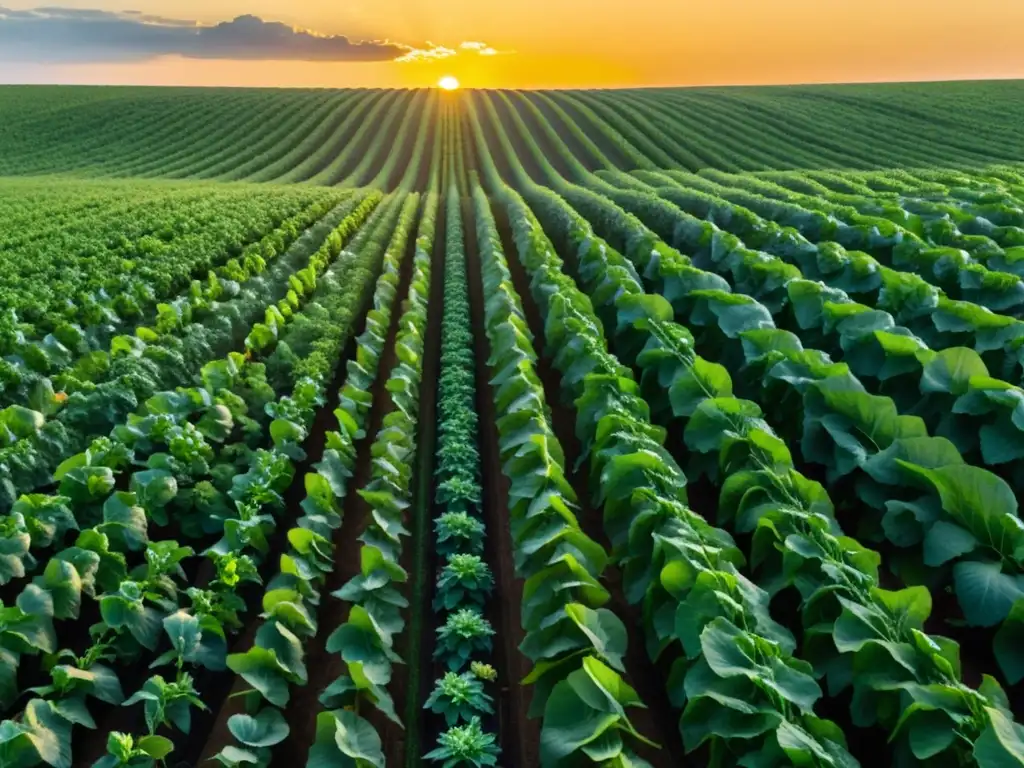 Campo de cultivos orgánicos bañados por la cálida luz del atardecer