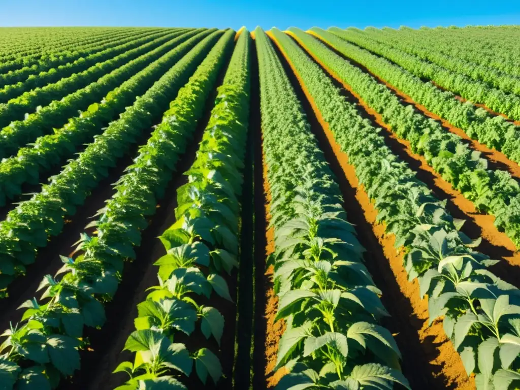 Campo de cultivos orgánicos bajo cielos azules, filas ordenadas de plantas verdes y saludables, sin malezas