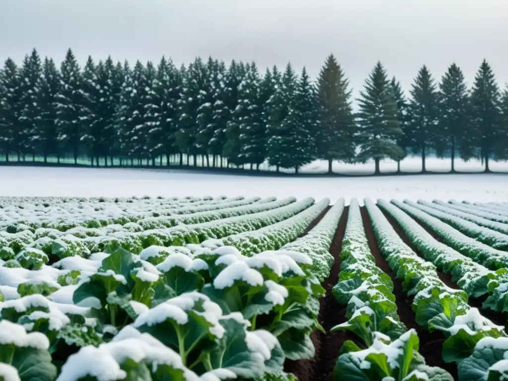 Un campo de cultivos orgánicos en clima frío, con kale y espinacas nevadas