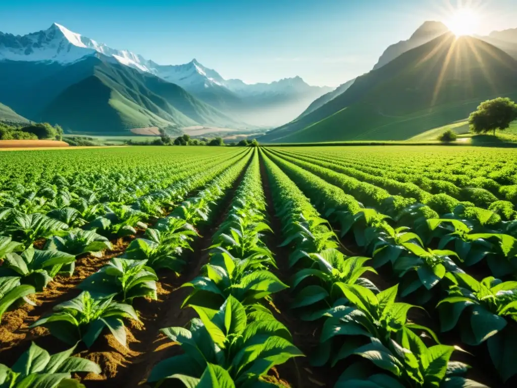 Campo de cultivos orgánicos en clima extremo, protegiendo con serenidad y resiliencia