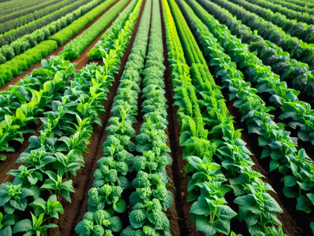 Campo de cultivos orgánicos con control de malezas, filas impecables y plantas prósperas bajo la luz del sol