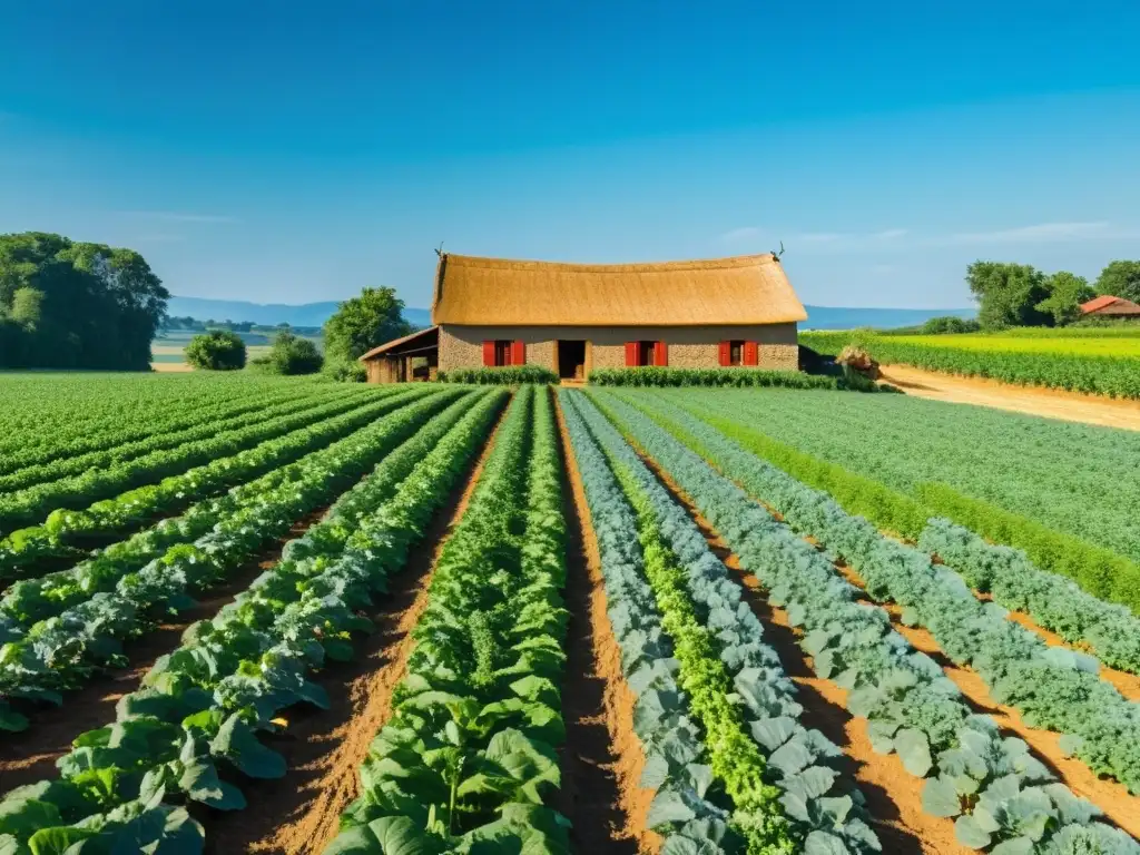 Un campo de cultivos orgánicos extenso y exuberante bajo un cielo azul despejado