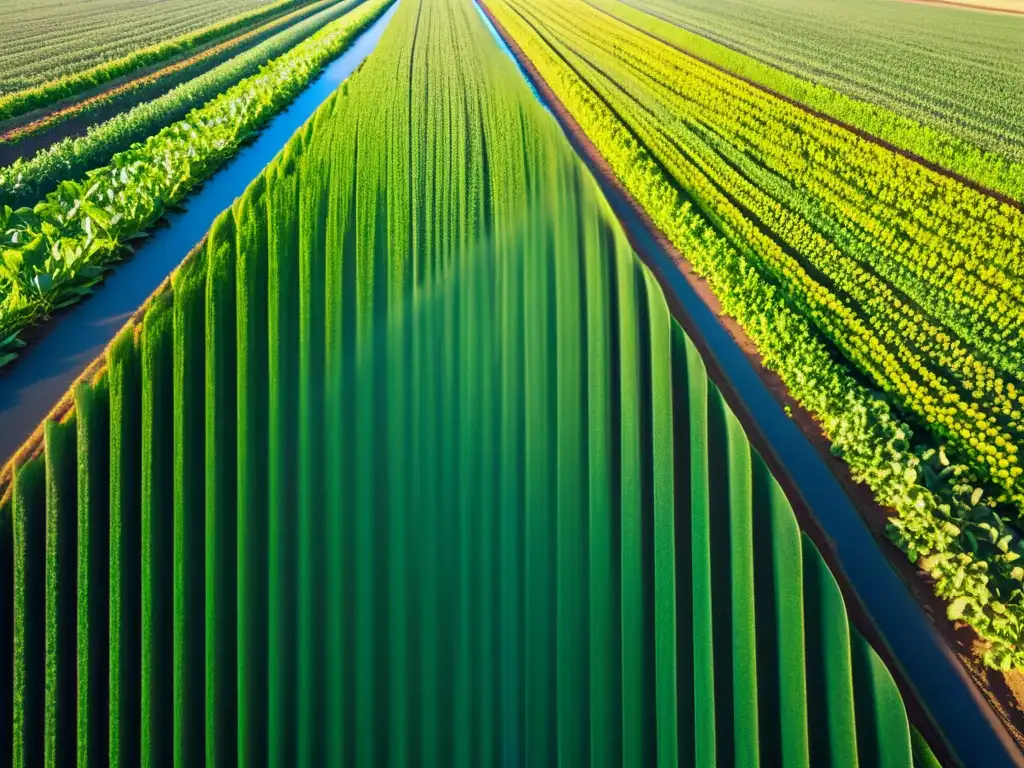 Un campo de cultivos orgánicos exuberante y detallado bajo el sol, evocando crecimiento sostenible