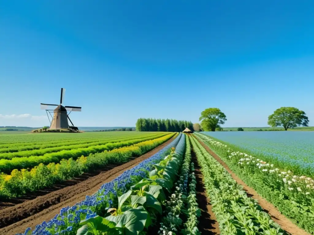 Un campo de cultivos orgánicos exuberante y biodiverso bajo un cielo azul claro, donde un agricultor en ropa tradicional cuida con esmero las plantas