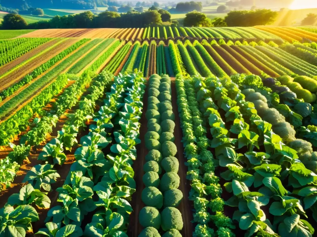 Un campo de cultivos orgánicos exuberante y saludable bañado por la cálida luz del sol, sin señales de enfermedades o plagas