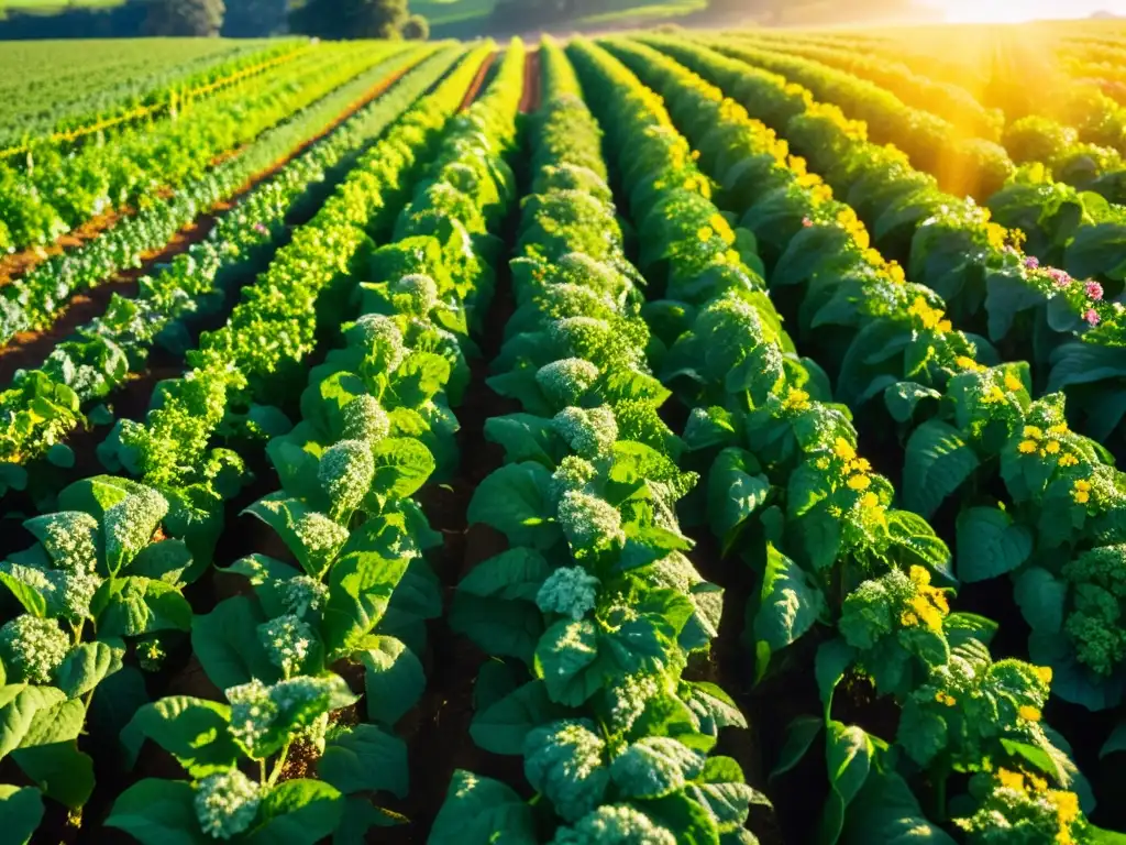 Un campo de cultivos orgánicos, exuberante y vibrante, bañado por el sol