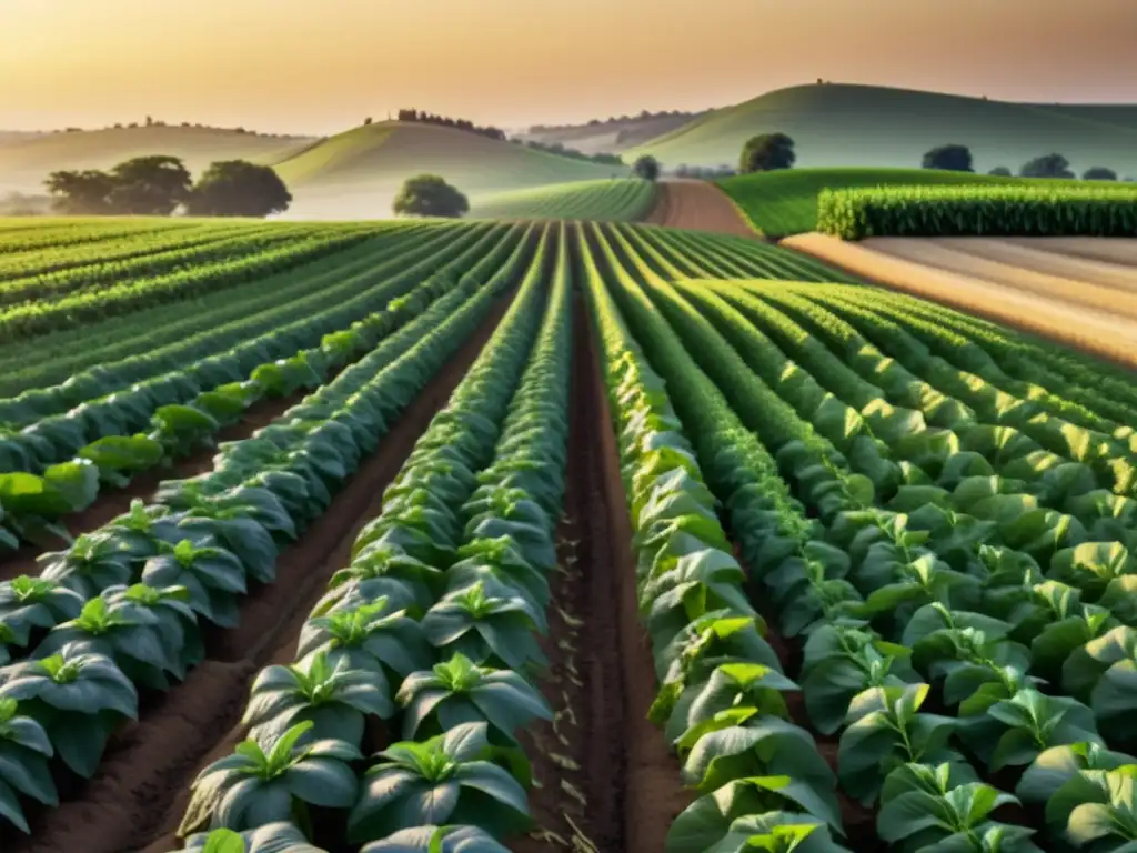 Campo de cultivos orgánicos con financiación para proyectos innovadores, bañado por la cálido sol poniente