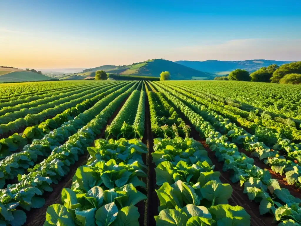 Un campo de cultivos orgánicos se extiende hasta el horizonte bajo un cielo azul, con el sol proyectando un cálido resplandor dorado sobre el paisaje