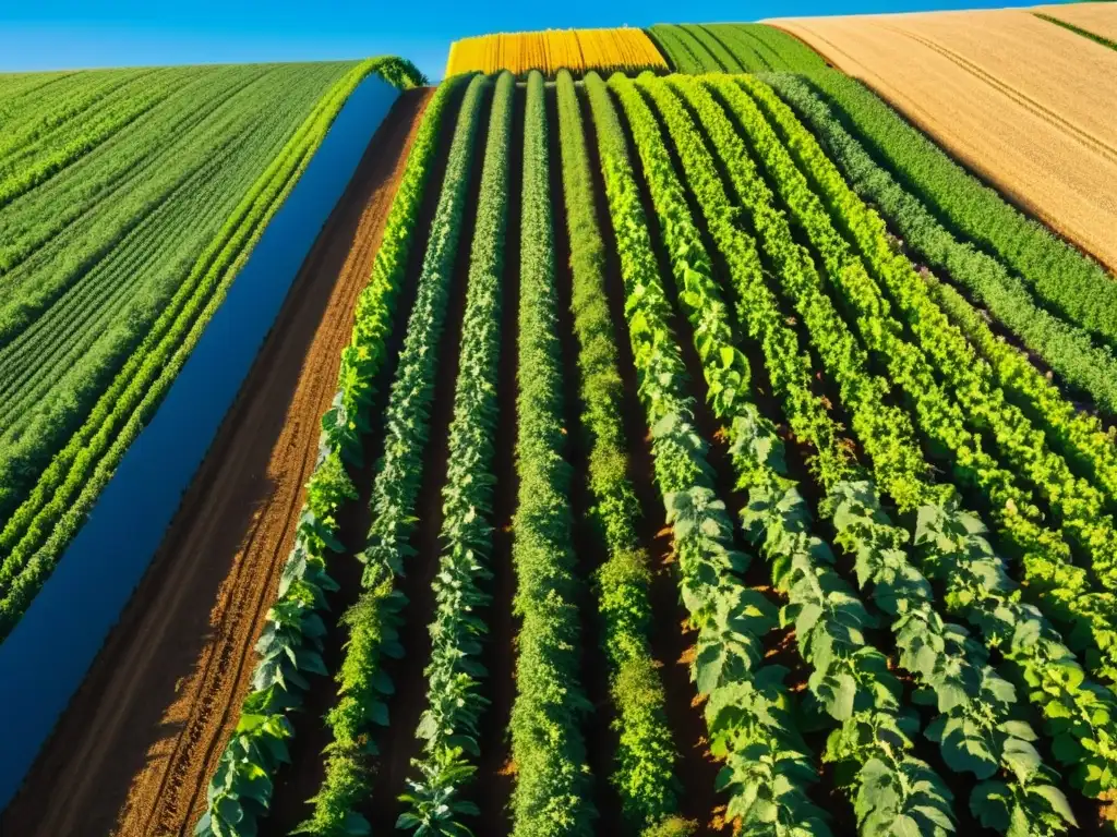 Un campo de cultivos orgánicos se extiende hacia el horizonte bajo un cielo azul claro, bañado por el cálido resplandor dorado del sol