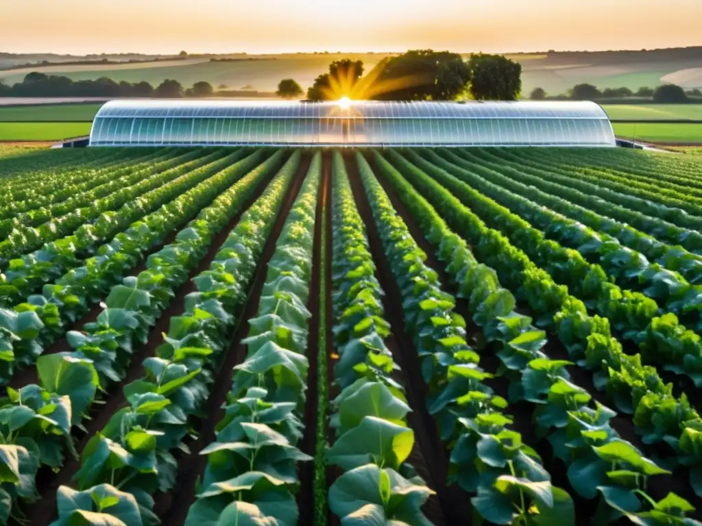 Un campo de cultivos orgánicos con un invernadero moderno, reflejando un equilibrio entre la naturaleza y las Técnicas modernas cultivos orgánicos