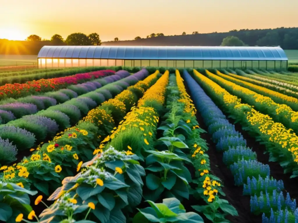 Campo de cultivos orgánicos con biodiversidad y una moderna estructura de biotecnología en agricultura orgánica, bañados por cálido sol dorado