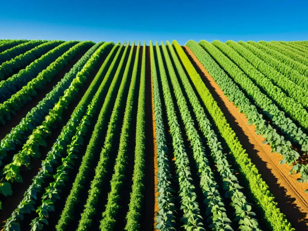 Un campo de cultivos orgánicos, ordenados en hileras bajo un cielo azul claro